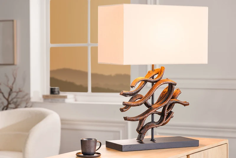 Lampe de table design WAVE 60 cm naturel bois massif fait main abat-jour en coton beige