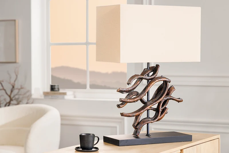Lampe de table design WAVE 60 cm naturel bois massif fait main abat-jour en coton beige