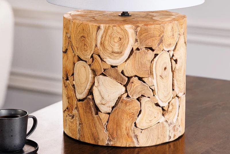 Lampe de table Design PURE NATURE 45cm naturelle faite main en bois d'acier abat-jour en coton blanc