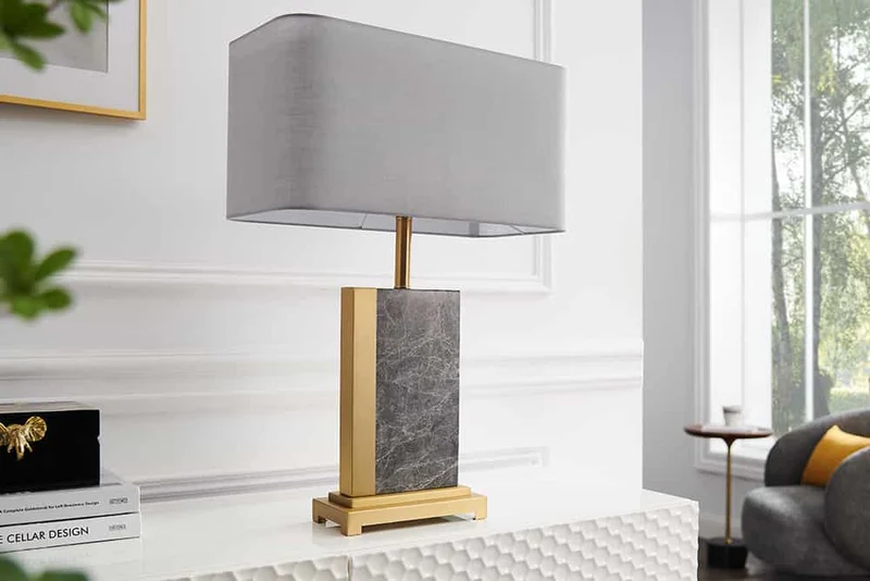 Design lampe de table ELEGANCIA 65cm or gris abat-jour en tissu marbre