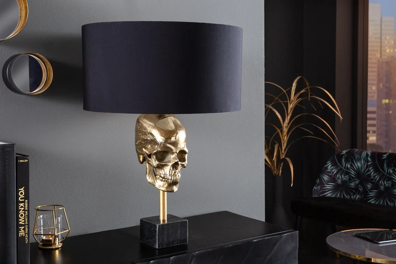 Lampe de table extravagante SKULL 56 cm noir et or métal tête de mort sculpture luminaire (réf. 41529)