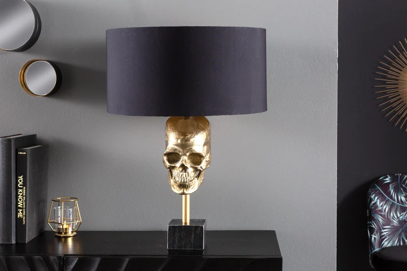 Lampe de table extravagante SKULL 56 cm noir et or métal tête de mort sculpture luminaire (réf. 41529)
