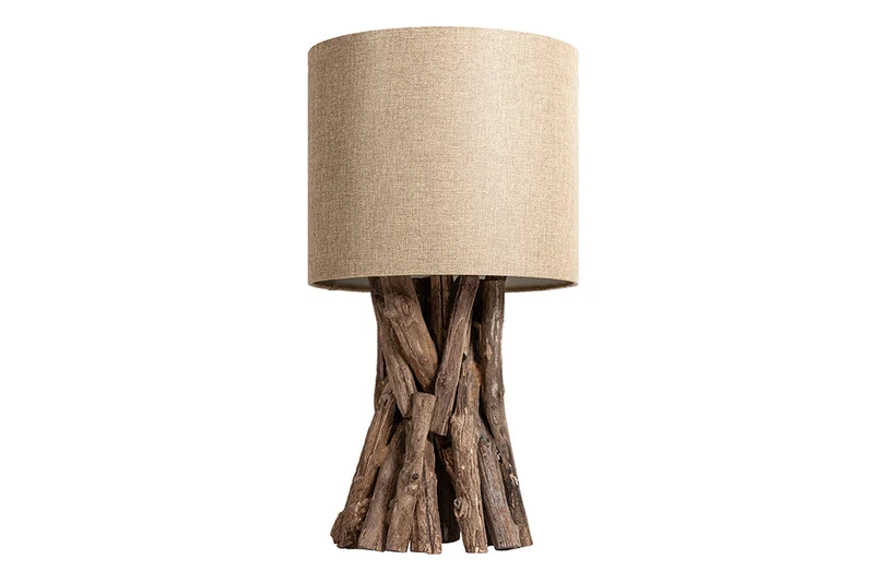 Lampe de table en bois massif HARMONY NATURE 50 cm beige teck avec abat-jour en lin