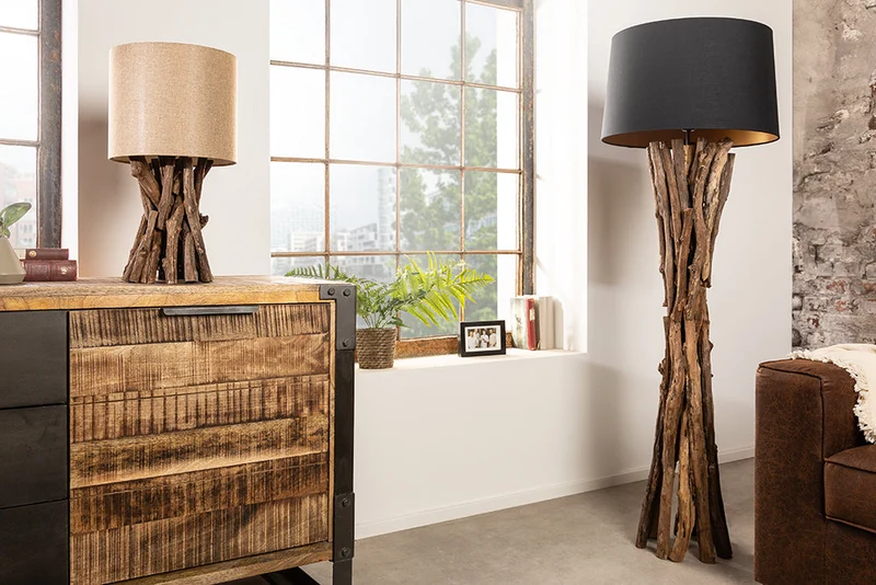 Lampe de table en bois massif HARMONY NATURE 50 cm beige teck avec abat-jour en lin