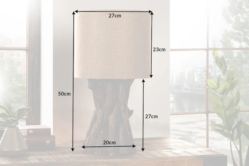 Lampe de table en bois massif HARMONY NATURE 50 cm beige teck avec abat-jour en lin