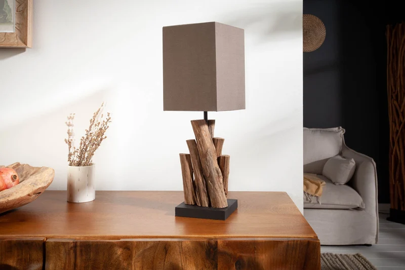 Lot de 2x Lampe de table artisanale PURE NATURE 45cm bois de fer avec abat-jour en coton