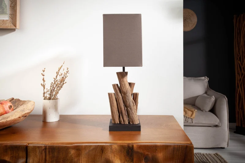Lot de 2x Lampe de table artisanale PURE NATURE 45cm bois de fer avec abat-jour en coton