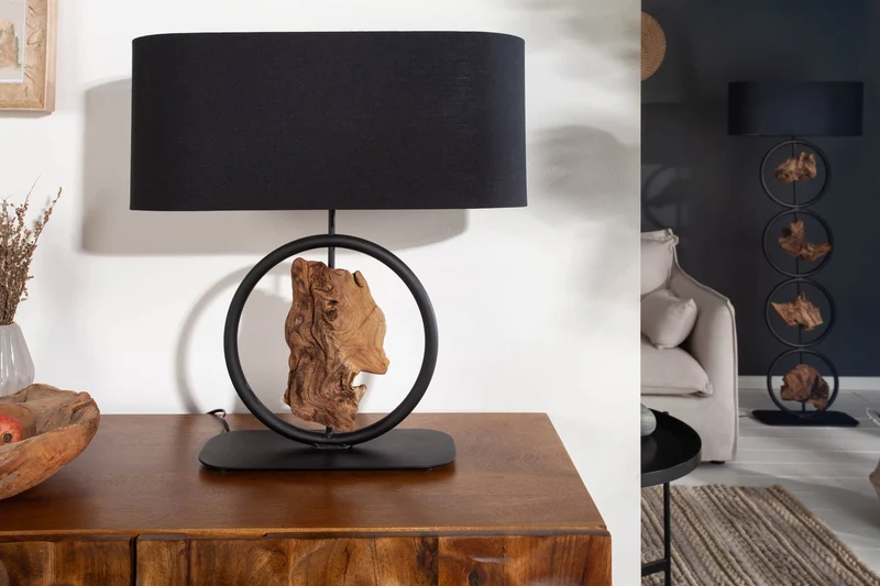 Lampe de table design ELEMENTS 58 cm noir abat-jour en coton pied en bois massif