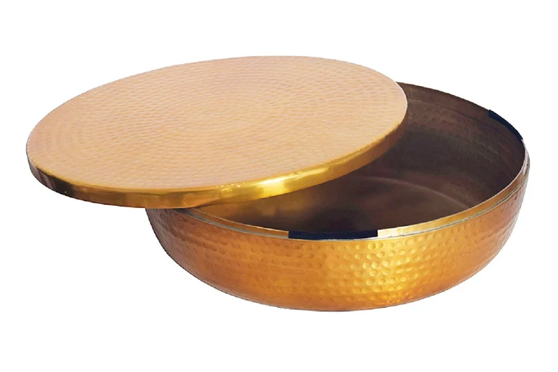 Bol fait main ORIENT 40cm métal doré rond avec couvercle boite à bijoux