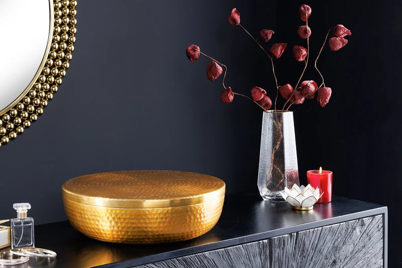 Bol fait main ORIENT 40cm métal doré rond avec couvercle boite à bijoux