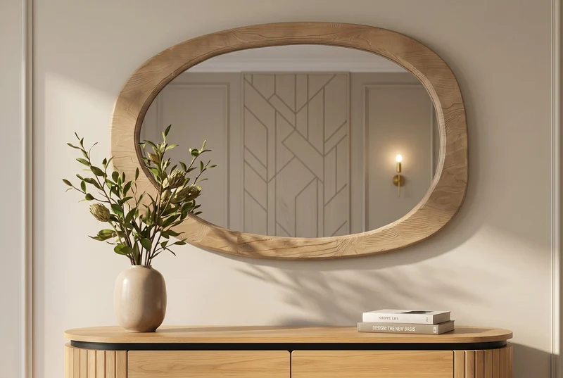 Miroir design ORGANIC 105cm naturel beige bois de pin cadre arrondi miroir mural