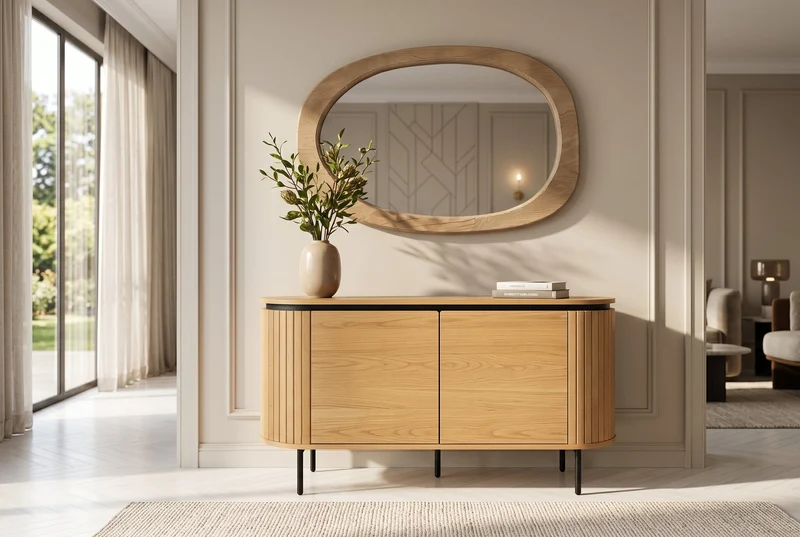 Miroir design ORGANIC 105cm naturel beige bois de pin cadre arrondi miroir mural