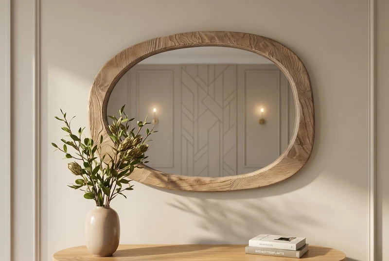 Miroir design ORGANIC 105cm naturel beige bois de pin cadre arrondi miroir mural