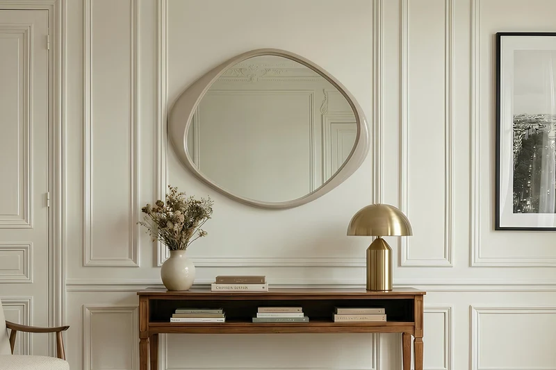 Miroir mural asymétrique ORGANIC 95 cm greige à accrocher facilement
