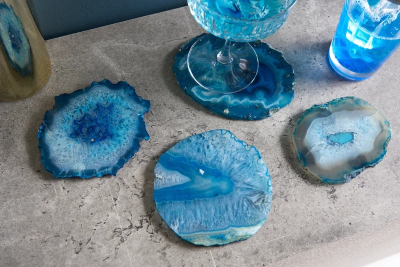 Lot de 4 sous-verres pour verres COASTER 10cm pierre précieuse bleue agate quartz fait main