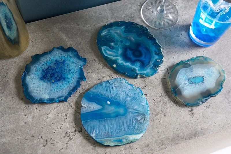 Lot de 4 sous-verres pour verres COASTER 10cm pierre précieuse bleue agate quartz fait main