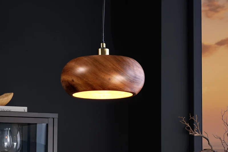 Lampe à suspension ronde ALVA 25cm en bois d’acacia naturel et en fer