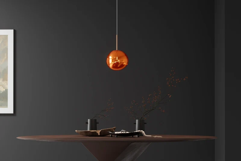 Lampe suspendue ronde LIQUID DIAMOND 20cm cuivre verre acier boule lumineuse