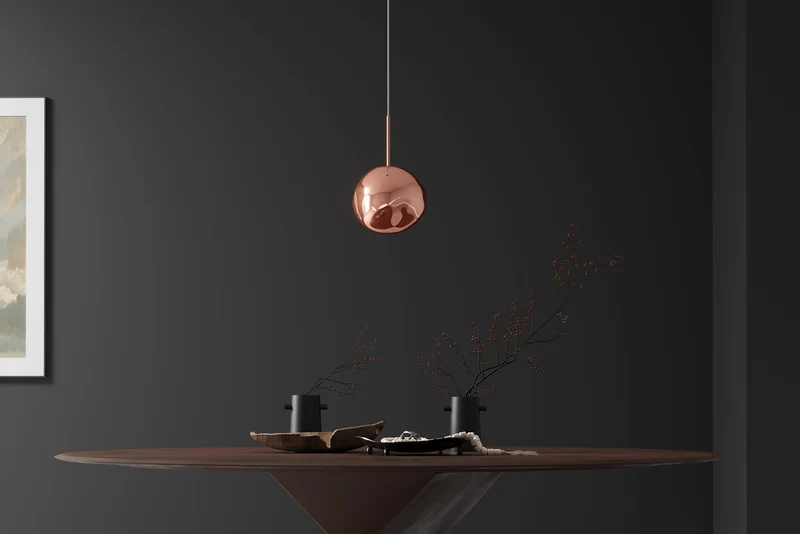 Lampe suspendue ronde LIQUID DIAMOND 20cm cuivre verre acier boule lumineuse