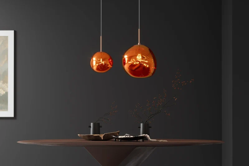 Lampe suspendue ronde LIQUID DIAMOND 20cm cuivre verre acier boule lumineuse