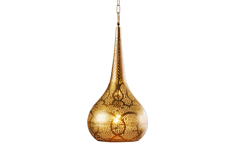 Lampe suspendue faite main ORIENT LIVING 50cm forme larme en fer doré