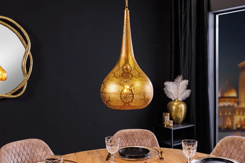 Lampe suspendue faite main ORIENT LIVING 50cm forme larme en fer doré