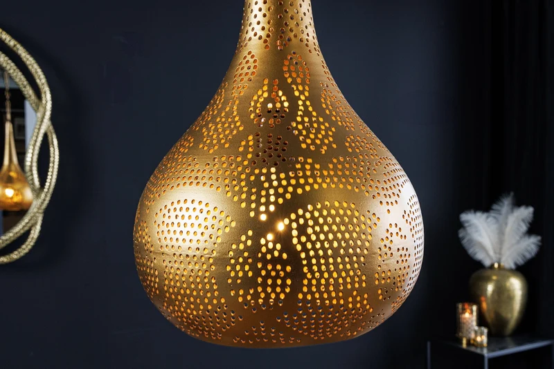 Lampe suspendue faite main ORIENT LIVING 50cm forme larme en fer doré