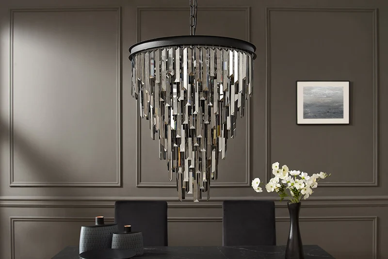Lustre de luxe CRYSTAL 50cm gris avec prismes de verre lampe suspendue en fer noir