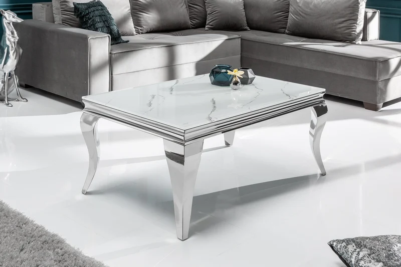 Table basse élégante de style baroque moderne de 100 cm, plateau en verre aspect marbre, pieds en acier inoxydable