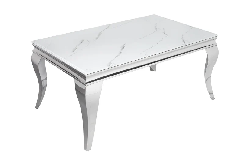 Table basse élégante de style baroque moderne de 100 cm, plateau en verre aspect marbre, pieds en acier inoxydable