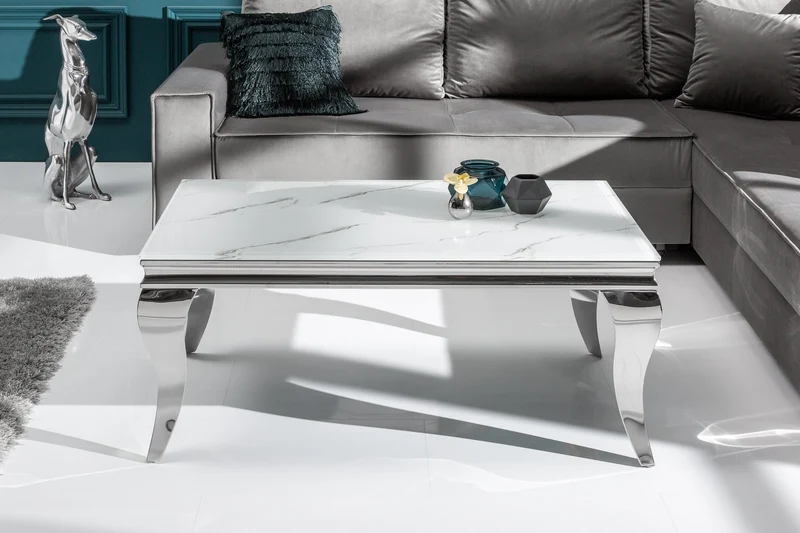 Table basse élégante de style baroque moderne de 100 cm, plateau en verre aspect marbre, pieds en acier inoxydable