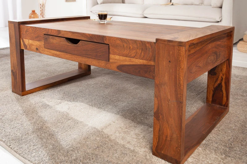 Table basse en bois massif MARKANT 100cm marron finition pierre de Sheesham avec tiroir et espace de rangement