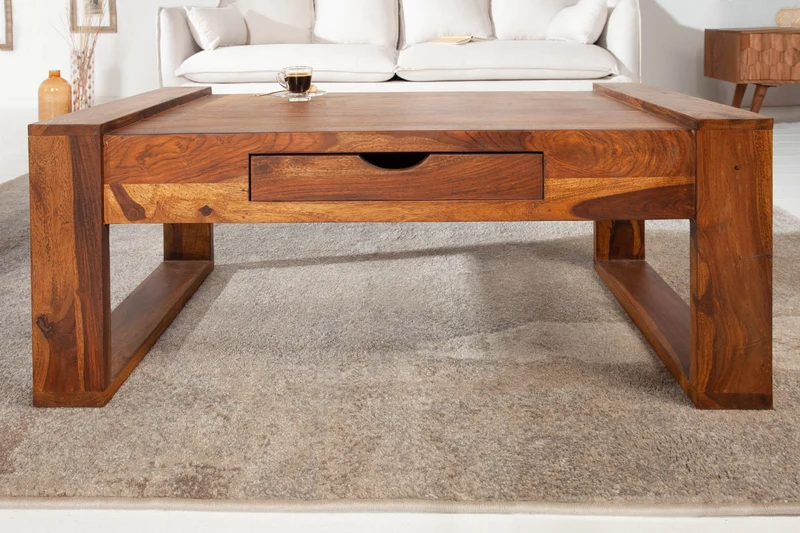Table basse en bois massif MARKANT 100cm marron finition pierre de Sheesham avec tiroir et espace de rangement