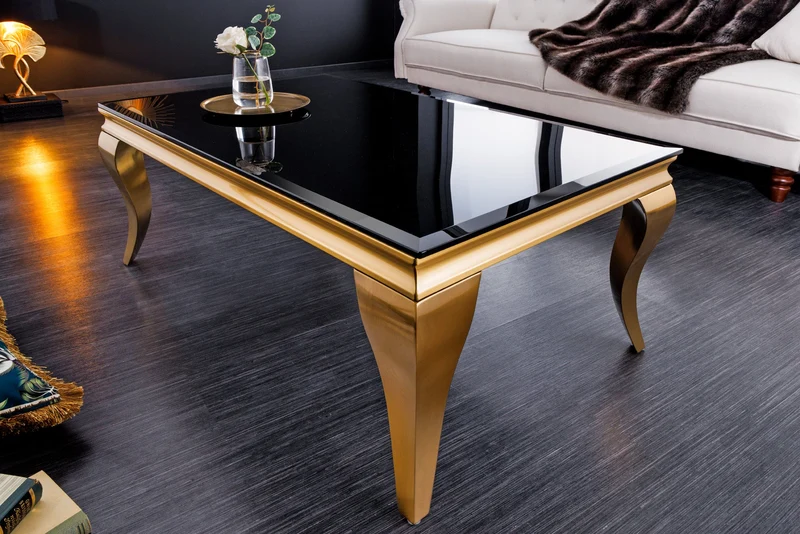 Table basse élégante MODERNE BAROQUE 100cm verre opale noir pieds dorés