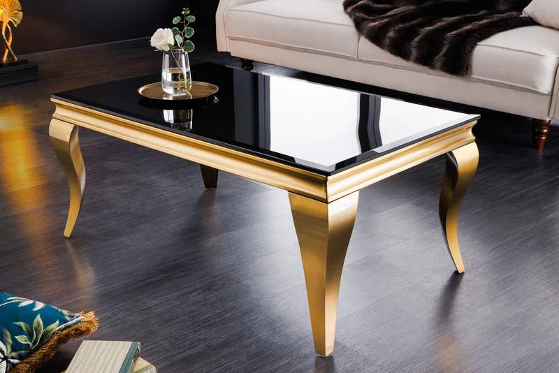 Table basse élégante MODERNE BAROQUE 100cm verre opale noir pieds dorés