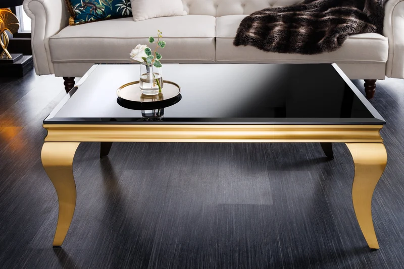 Table basse élégante MODERNE BAROQUE 100cm verre opale noir pieds dorés