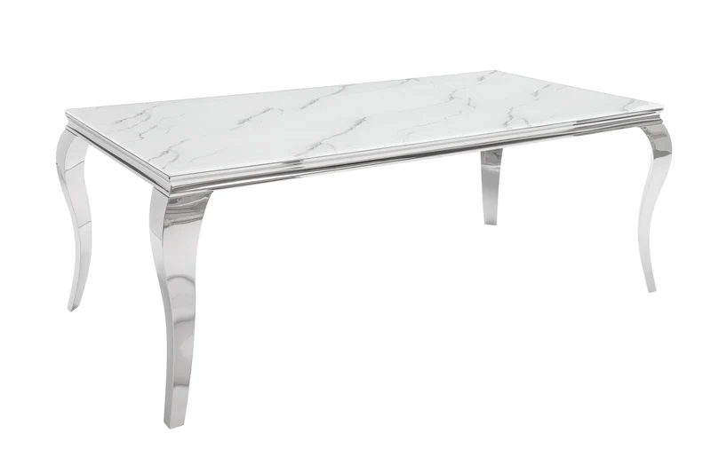 Table à manger design MODERNE BAROQUE 180cm plateau verre chromé blanc marbre pieds inox