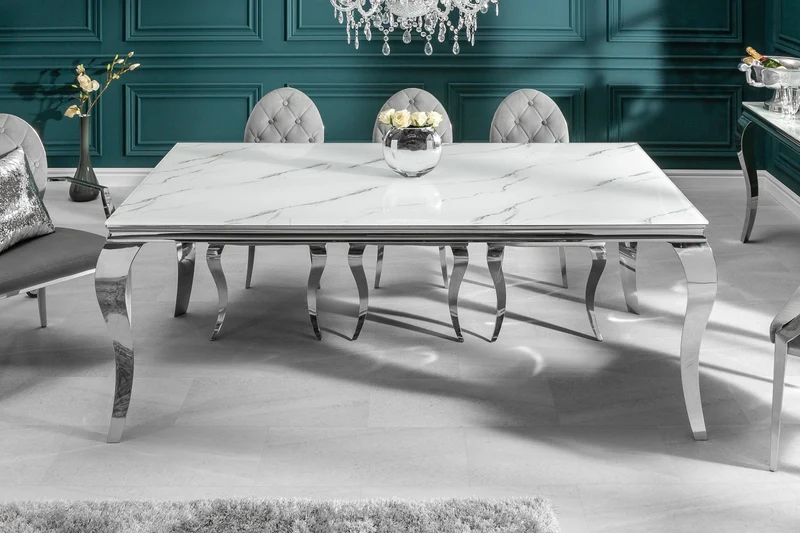 Table à manger design MODERNE BAROQUE 180cm plateau verre chromé blanc marbre pieds inox