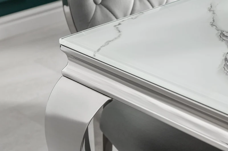 Table à manger design MODERNE BAROQUE 180cm plateau verre chromé blanc marbre pieds inox