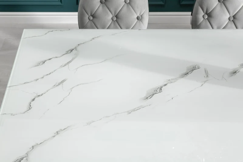 Table à manger design MODERNE BAROQUE 180cm plateau verre chromé blanc marbre pieds inox