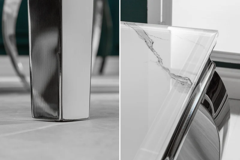Table à manger design MODERNE BAROQUE 180cm plateau verre chromé blanc marbre pieds inox