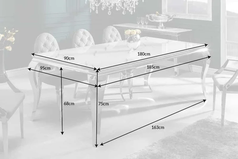 Table à manger design MODERNE BAROQUE 180cm plateau verre chromé blanc marbre pieds inox
