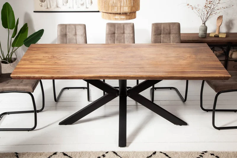 Table à manger en bois massif GALAXIE 200cm marron finition pierre de Sheesham Design industriel