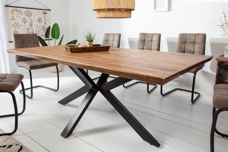 Table à manger en bois massif GALAXIE 180cm marron finition pierre de Sheesham structure étoile métal