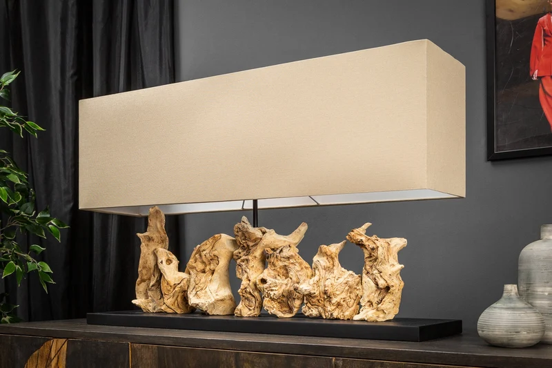 Lampe de table en bois flotté unique PURE UNIQUE 80 cm beige avec abat-jour en lin