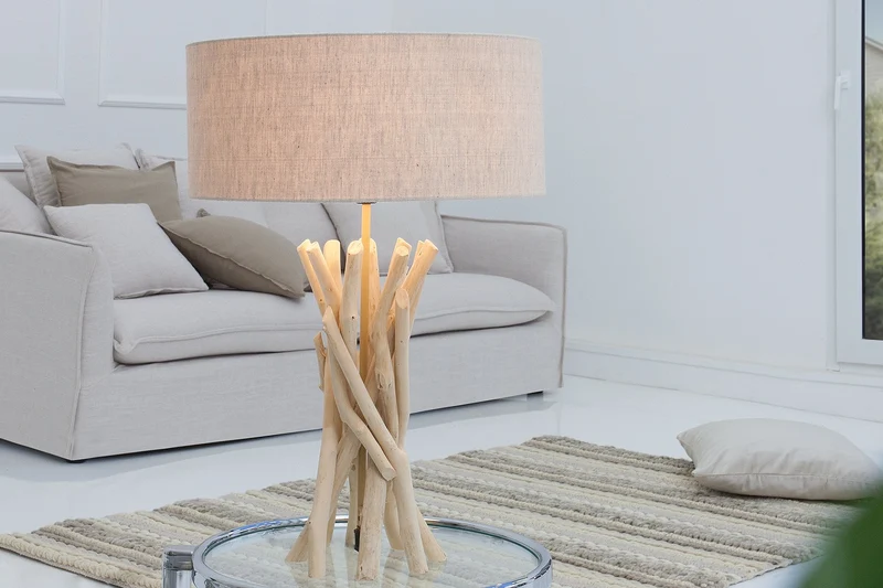 Design lampe de table en bois flotté WILD NATURE 62cm sable avec abat-jour en lin