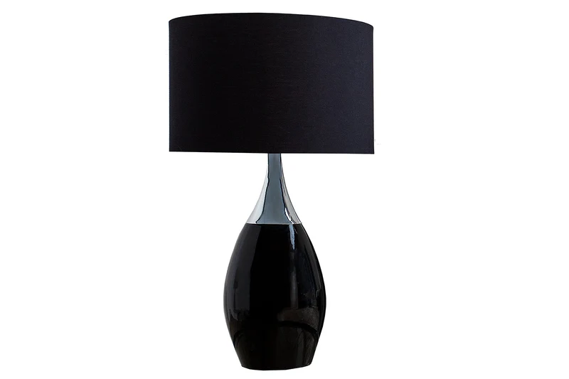 Moderne lampe de table CARLA 60cm noir argent avec abat-jour en lin.