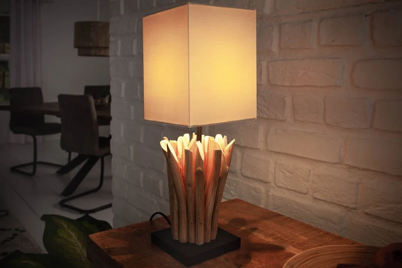 Lot de 2x Lampe de table en bois flotté faite à la main EUPHORIA 45 cm beige avec abat-jour en lin