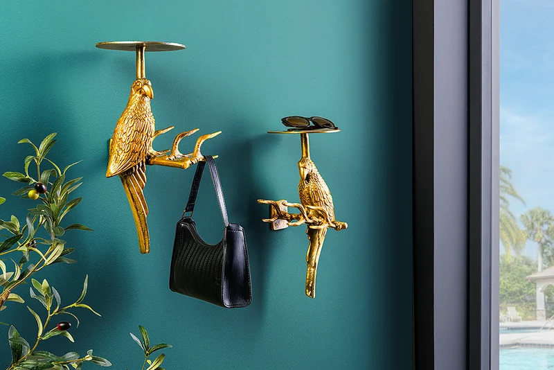 Lot de 2 porte manteaux muraux WILDLIFE BIRDS 45cm métal doré martelé design fait main