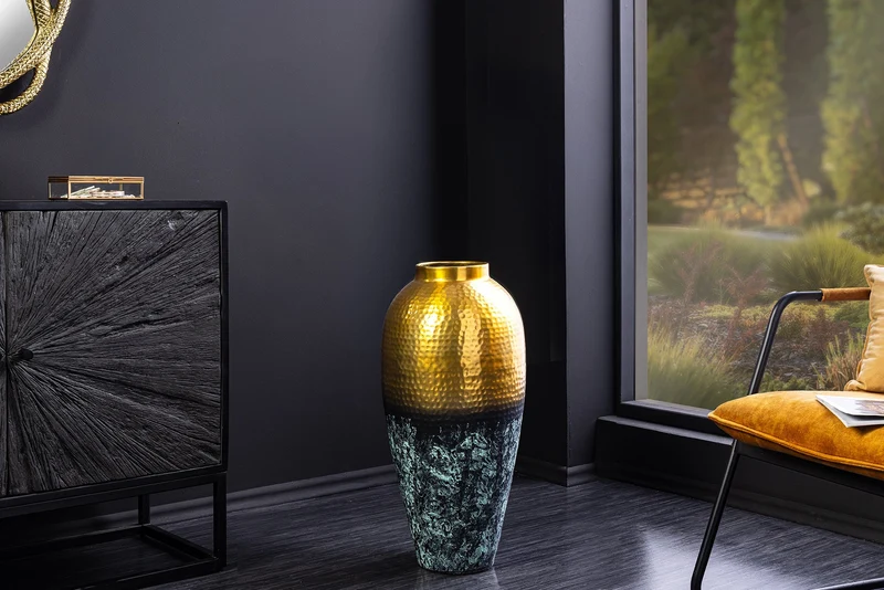Vase décoratif artisanal ORIENT XL 75cm métal doré avec design patiné martelé